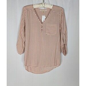 41 Hawthorn Blouse XS Women's Pink Geometric Print Henley 3/4 Sleeve Top